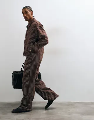 Liquor N Poker fireman clasp jacket and jeans set in chocolate-brown stripes