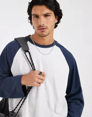 Cotton On boxy fit long sleeve raglan T-shirt in navy white heather