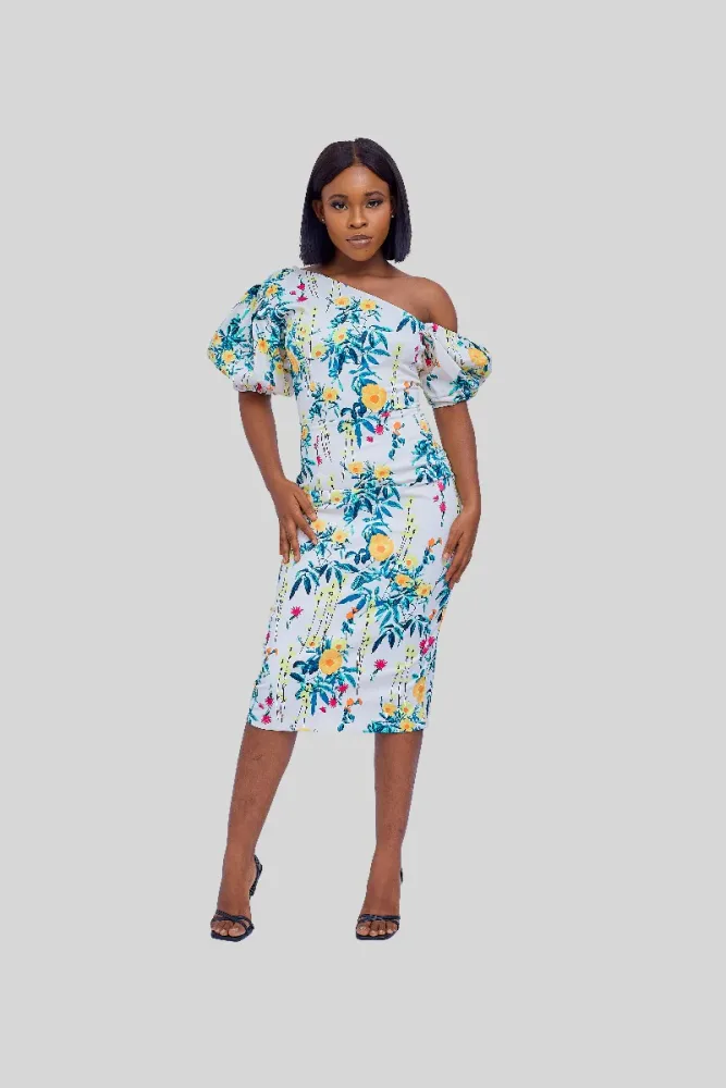 FLORAL PRINT ASYMMETRIC MIDI DRESS