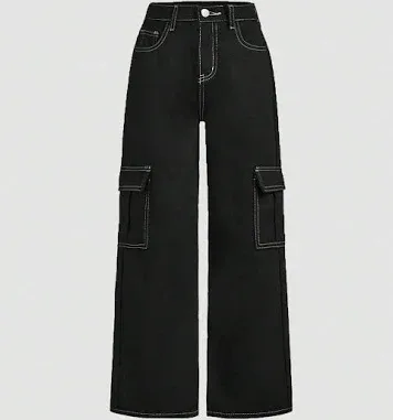 SHEIN Black Baggy Denim Cargo Jeans Girls Kids Flare Straight Leg Flap Pockets Contrast Stitching Loose Fit Mid Waist Ca