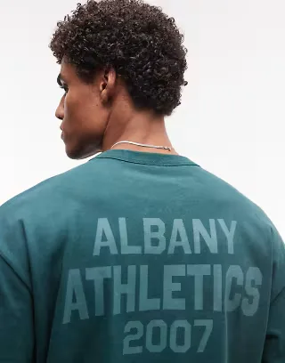 ASOS DESIGN heavyweight oversized T-shirt with text graphic in green wash