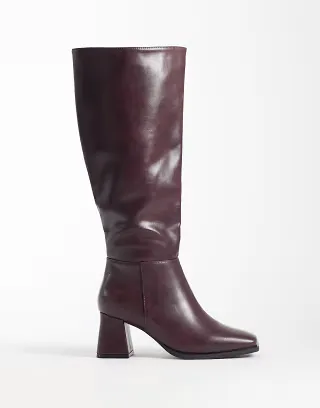 SEQWL Fisher block heel knee boots in burgundy