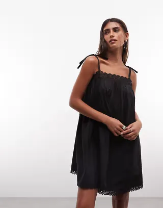 Reclaimed Vintage mini layering dress with lace trims In black