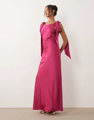 TFNC satin bow shoulder v back maxi dress in dark pink