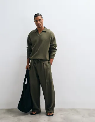 ASOS DESIGN oversized boxy polo and ribbed textured oversized balloon sweatpants set in green