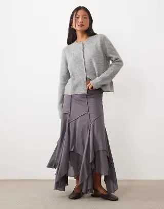 ASOS DESIGN Petite asymmetric and seam detail midi skirt in charcoal