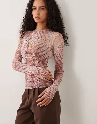 AFRM Kaylee mesh crew neck long sleeve top in brown crocodile print