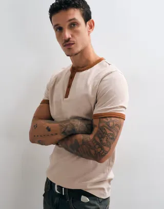 ASOS DESIGN slim ringer Henley T-shirt in washed beige
