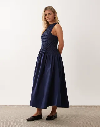 ASOS DESIGN Petite macrame dropped waist maxi dress with poplin skirt in navy