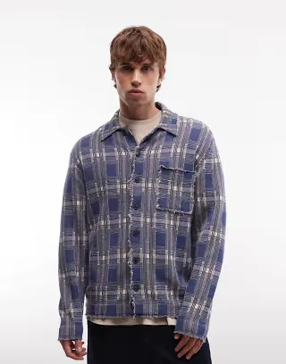 AllSaints Solmar long sleeve knit distressed plaid cardigan in blue