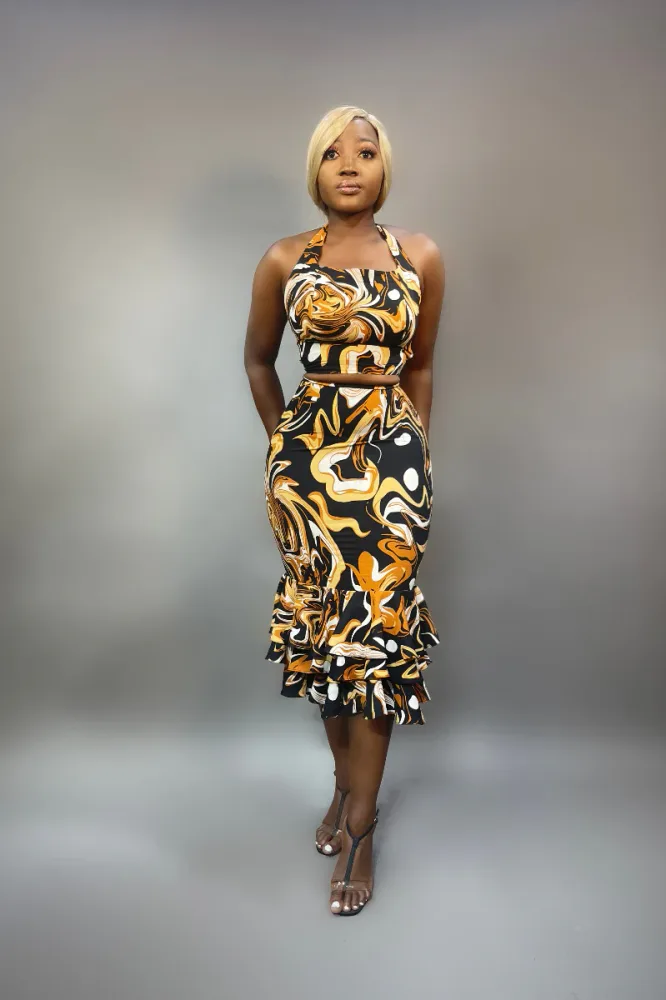 TIE NECK CROP TOP AND FRILL HEM SKIRT SET