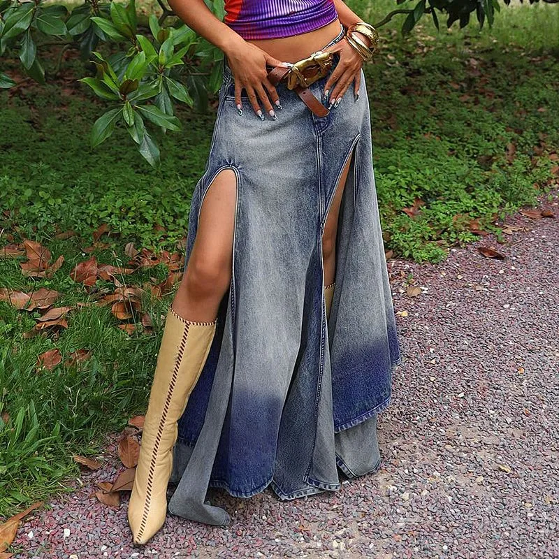 HIGH SLIT GRADIENT DENIM SKIRT