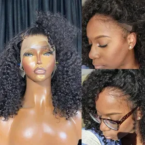 Black Short Bob Human Hair Wig 250 Density 4c Edges Kinky Curly Wigs 360 Full Hd Lace Front Wig Pre Plucked 13X6 Lace Fr