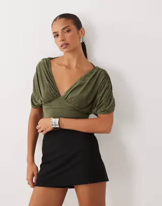 Missy Empire slinky v neck batwing top in khaki