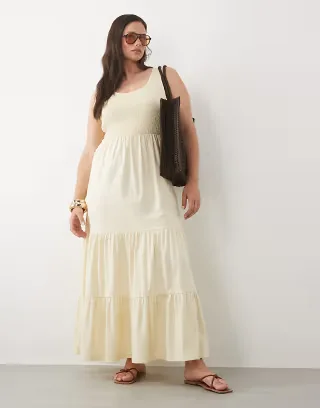 Brave Soul Curve scoop neck shirred bodice dress with tiered skirt in yellow