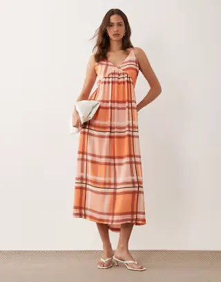 ASOS DESIGN linen blend deep v maxi sundress in orange plaid