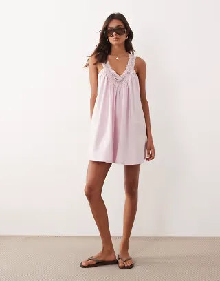 ASOS DESIGN v-neck poplin mini smock sundress with lace overlay in pale lilac