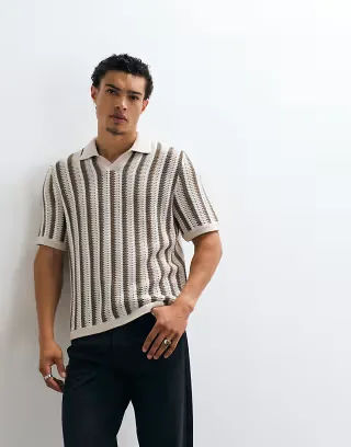 ONLY & SONS relaxed fit crochet knit polo shirt in cream stripes
