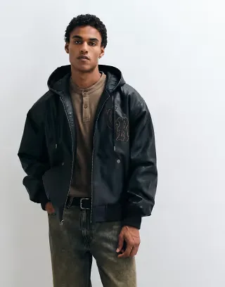 True Religion faux leather hooded bomber jacket in black