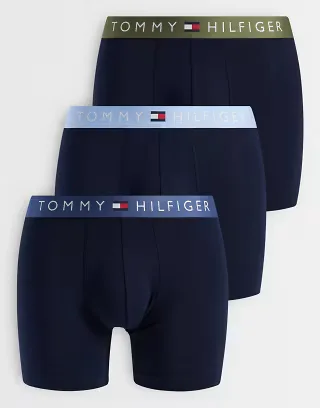 Tommy Hilfiger original 3 pack boxer briefs in black with blue/khaki-green waistbands