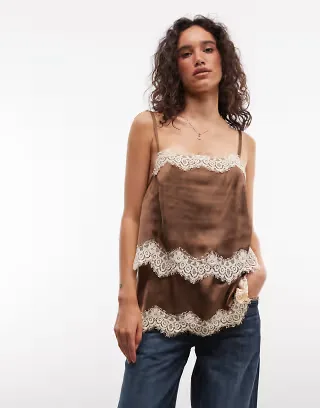 Reclaimed Vintage double layered satin and lace cami top in chocolate brown