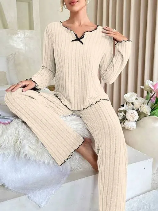 Women's Ribbed Trim Polyester Pajama Set