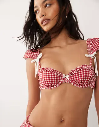 For Love & Lemons Alison puff sleeve bikini top in red gingham - part of a set