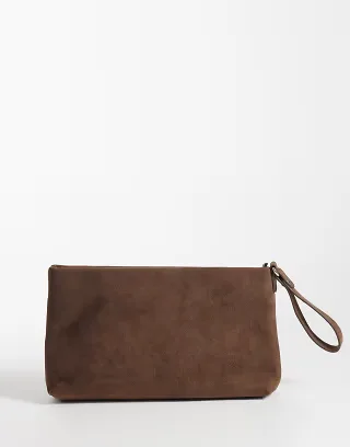 My Accessories structured clutch bag in chocolate faux suede