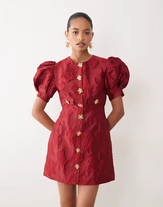 Sister Jane Anemone exclusive jacquard puff sleeve gold flower button up mini dress in red