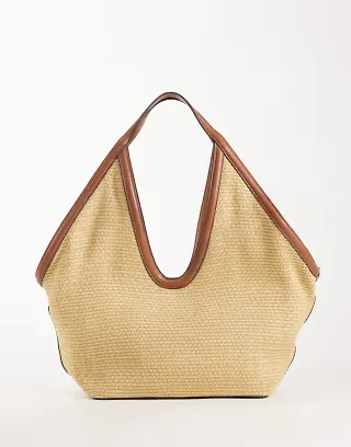 Mango woven shoulder bag in beige with brown trim