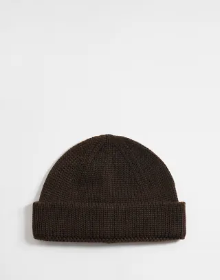 ASOS DESIGN knit ribbed mini fisherman beanie in brown