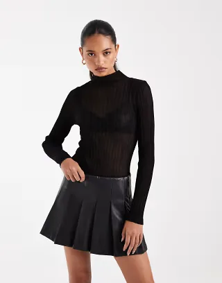 ASOS DESIGN sheer knit pleated long sleeve funnel neck in black