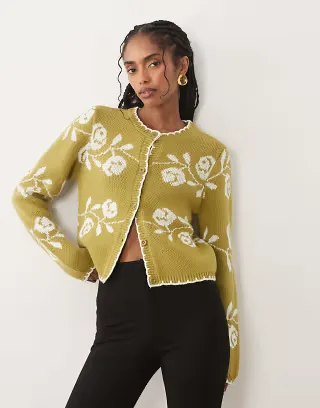 Miss Selfridge blanket stitch cardigan with florals in green