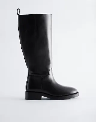 & Other Stories Premium heeled leather pull on moto boot in black