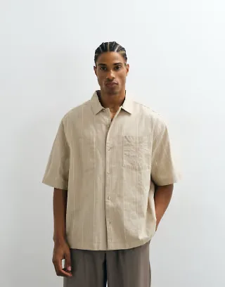 ASOS DESIGN boxy oversized camp collar striped shirt in beige