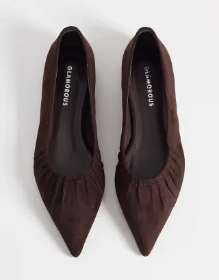 Glamorous pointed toe ruched ballet flats in brown faux suede