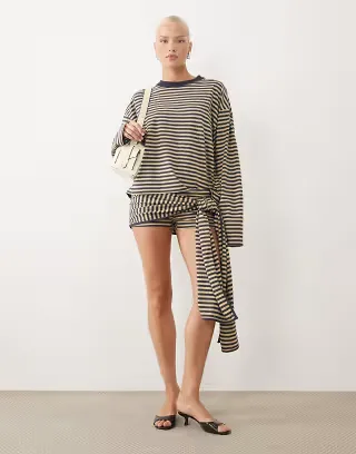 Lioness Bloom cotton blend tie waist skort in beige & navy stripes - part of a set