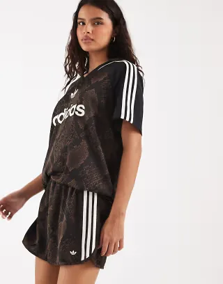 adidas Originals snake print satin shorts in dark brown