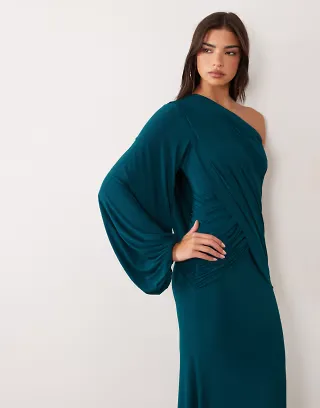 ASOS DESIGN slinky one shoulder draped maxi dress with blouson sleeve in petrol