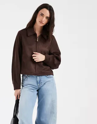 ONLY faux suede jacket in dark brown