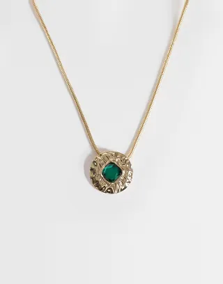ASOS DESIGN snake chain Necklace with hammered pendant with green stone set detail in gold tone