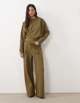 ASOS DESIGN wide leg tie waist sweatpants in khaki - part of a set