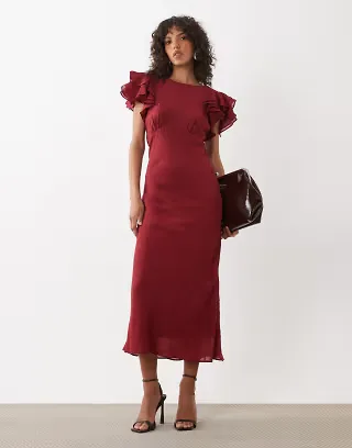 Nobody's Child Lola reversible V-neck flutter sleeve midi dress in red