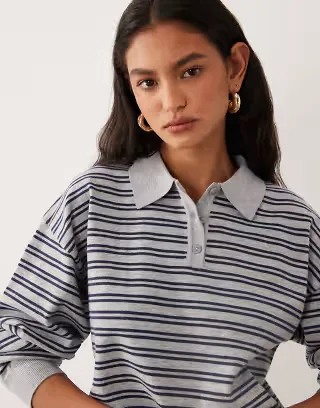 Cotton On boxy long sleeve polo knit top in multi striped print