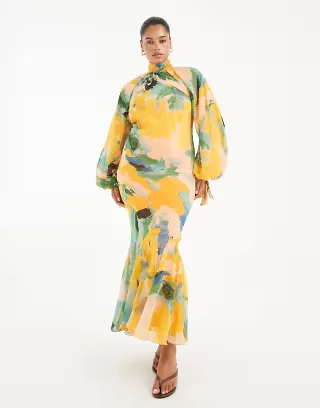 ASOS DESIGN Curve high neck maxi dress with godet hem in green floral print