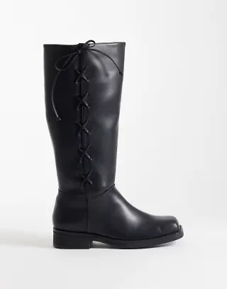 Public Desire Wide Fit Saffron square toe knee boots in tan black