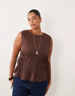 ASOS DESIGN Curve linen look sleeveless top with drawstring waist in brown