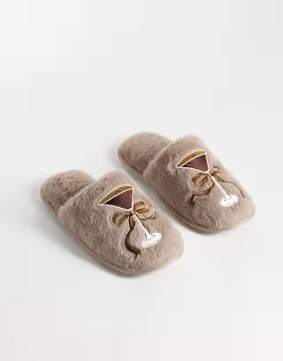 Loungeable embroidered espresso martini bow fluffy slippers in brown