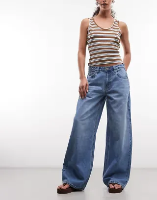 Daisy Street low rise slouchy wide leg jeans in mid blue
