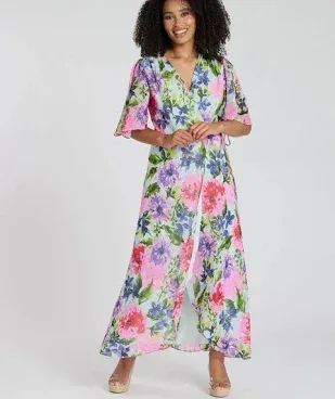 South Beach Women's Printed Short Sleeve Wrap Midi Dress